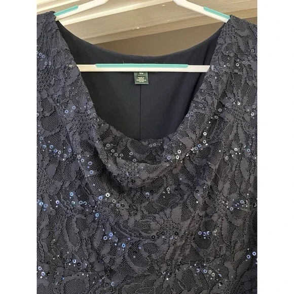 Lauren Ralph Lauren Lace Sequence Ruched Asymmetrical Navy Blue Dress 16W - Picture 3 of 13